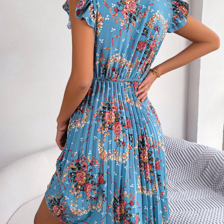 Casual Floral Print Ruffle Trim Slim Waist Pleated Dress