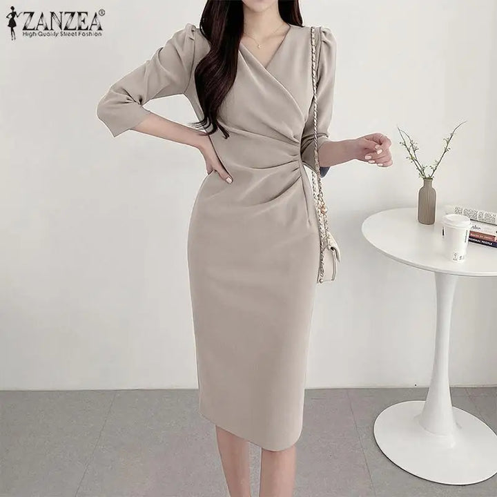 ZANZEA Women's V-Neck Knee-Length Bodycon Dress with 3/4 Sleeves