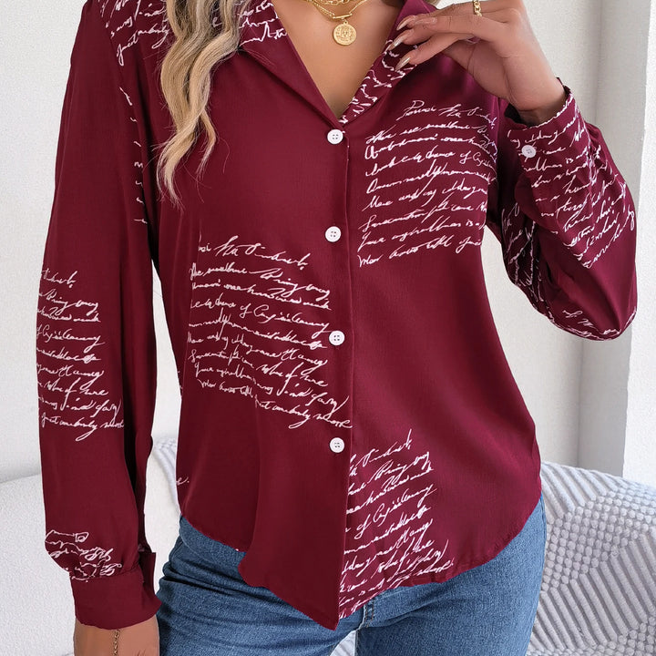 Casual Notch Collar Button Letter Print Long Sleeve Shirt