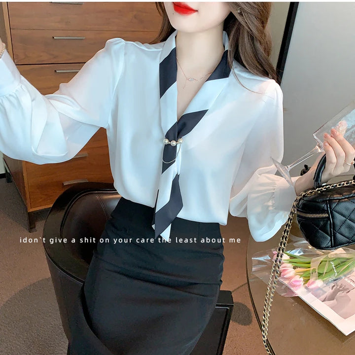 Chiffon Blouse for Women - Elegant Lace-Up V-Neck Long Sleeve Office Top