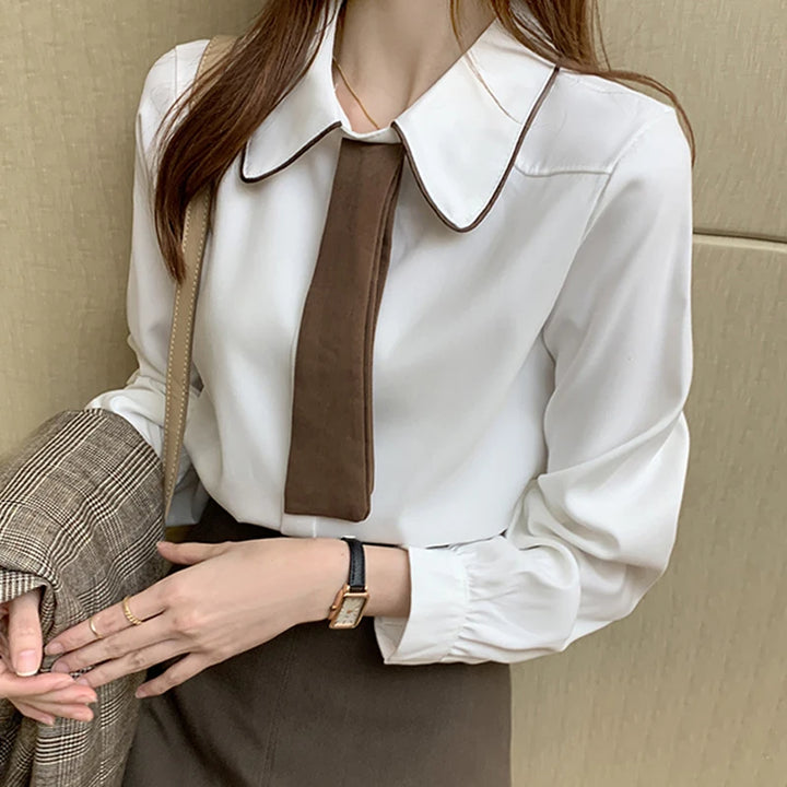 Long Sleeve Chiffon Blouse - Turn Down Collar Office Top