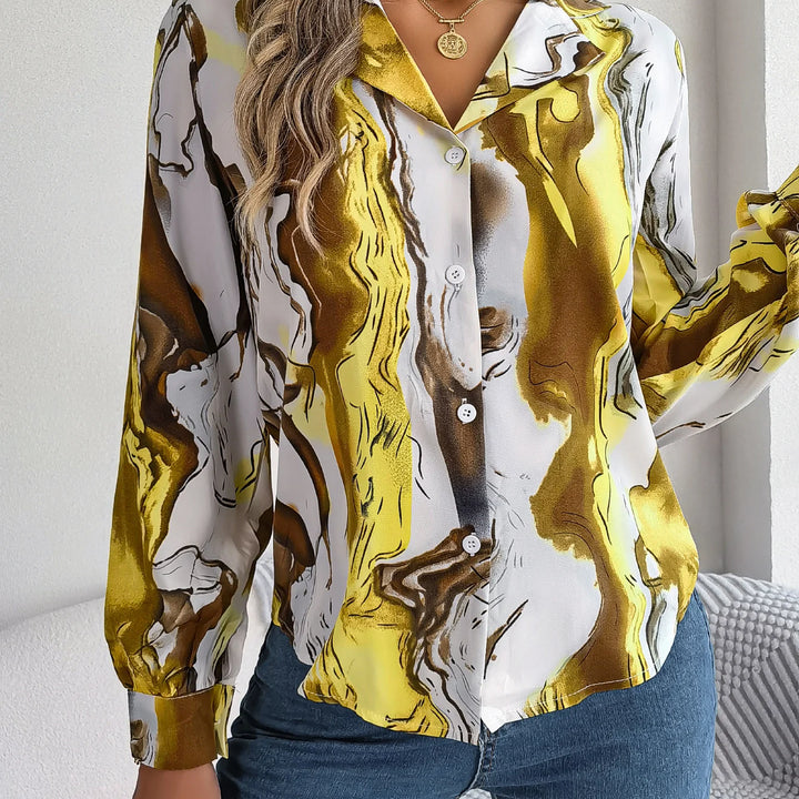 Casual All Over Print Notch Collar Button Long Sleeve Shirt