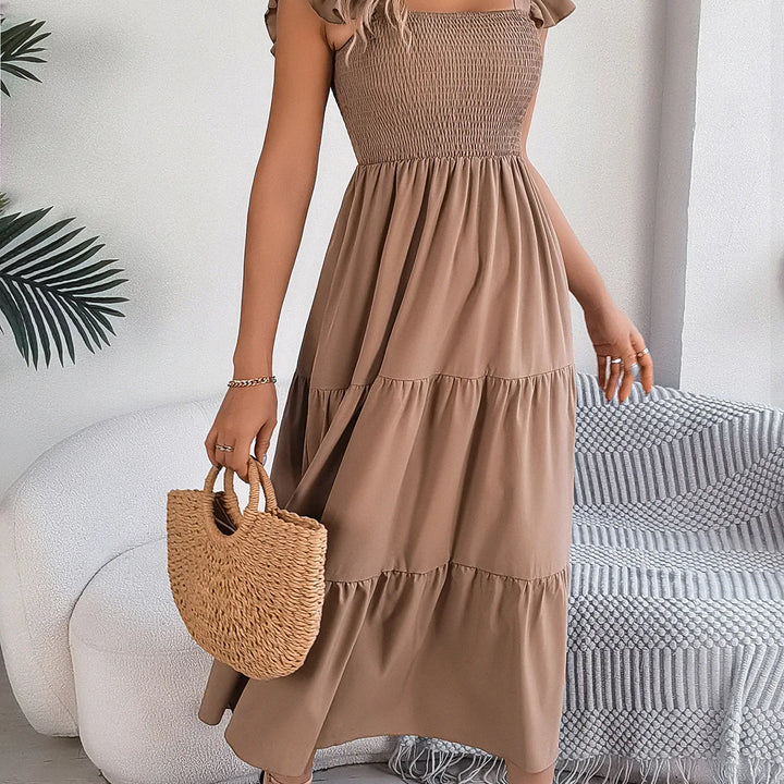 Solid Square Neck Dress - Elegant Waist-Tied Long Dress