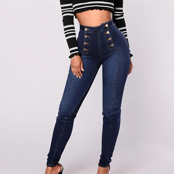 High Waist Push-Up Skinny Jeans – Button Decor, Double-Breasted Style