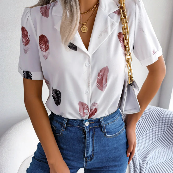 Spring Summer Casual Notched Collar Button Front Feather Printed Short Sleeved Shirt Women Blouse