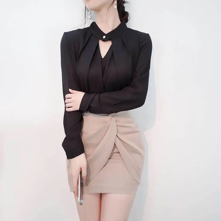 olid Chiffon Blouse - Slim Long Sleeve Hollow Sexy Spring Summer Top