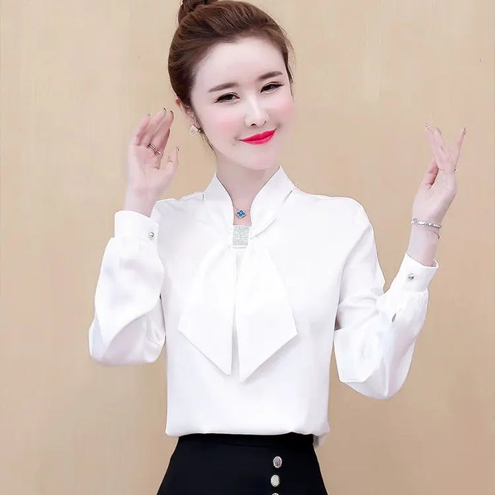 Spring & Summer Satin Shirt - Korean Fashion Bow V-Neck Long Sleeve Top