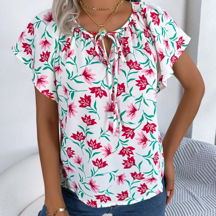 Floral Drawstring Blouse - Casual Crew Neck Short Sleeve Top