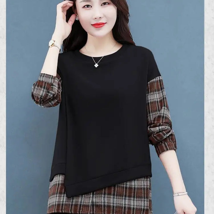 Autumn Plaid Sweatshirt - Casual Round Neck Long Sleeve Patchwork Top