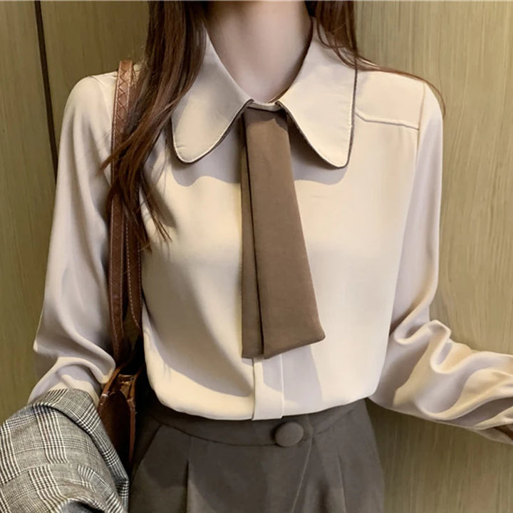 Long Sleeve Chiffon Blouse - Turn Down Collar Office Top