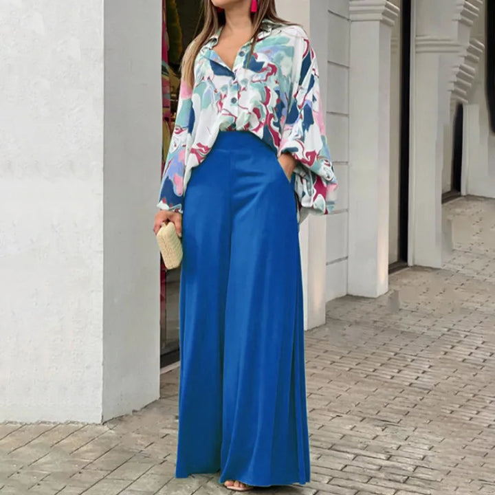 Spring & Autumn 2-Piece Set - Printed Shirt with Elegant Wide-Leg Pants