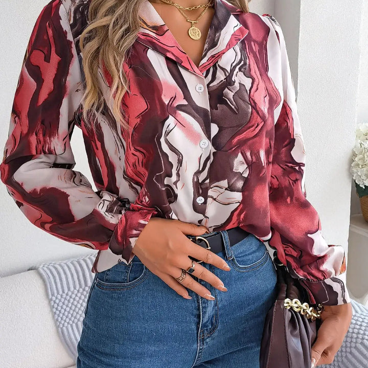 Casual All Over Print Notch Collar Button Long Sleeve Shirt