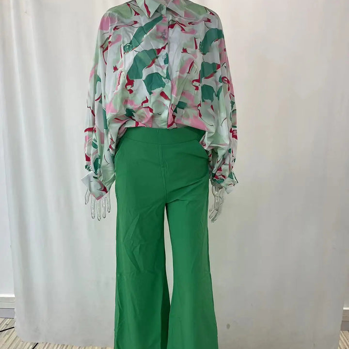 Spring & Autumn 2-Piece Set - Printed Shirt with Elegant Wide-Leg Pants