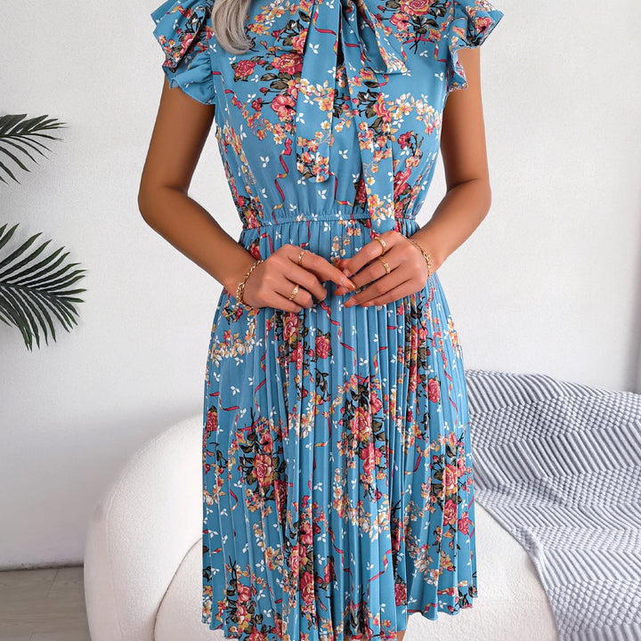 Casual Floral Print Ruffle Trim Slim Waist Pleated Dress