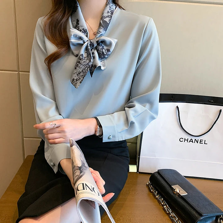 Elegant Autumn Bow Chiffon Blouse - Loose Fit Office Lady Shirt