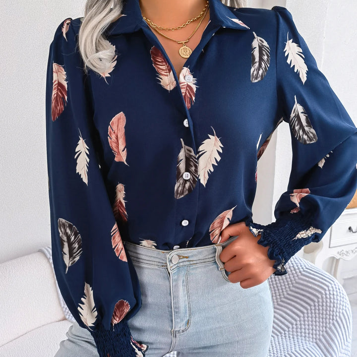 Casual Lantern Sleeve Button Front Turn Down Collar Feather Print Shirt