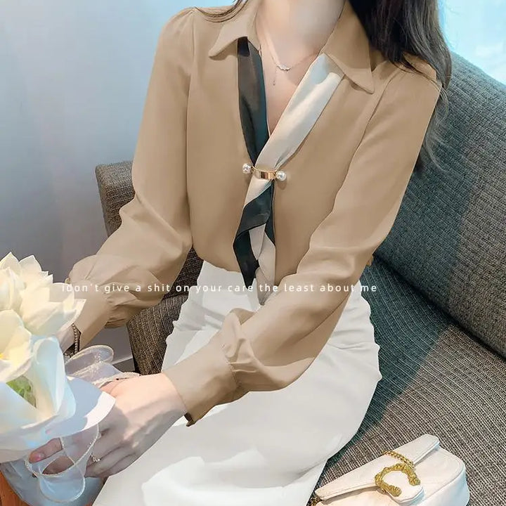 Women’s Bow Tie Blouse - Elegant Korean Fashion V-Neck Long Sleeve Office Top