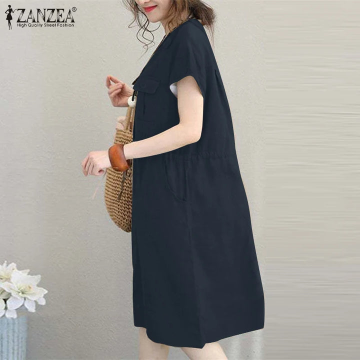 ZANZEA Summer V-Neck Dress - Short Sleeve Drawstring Waist Knee-Length Sundress