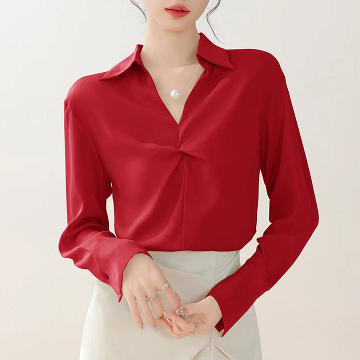 Autumn Casual Turn-Down Collar Blouse - Off-White Chiffon Long Sleeve Shirt