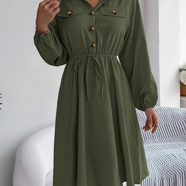 Elegant Button Front Lantern Sleeve Dress - Cinched Waist