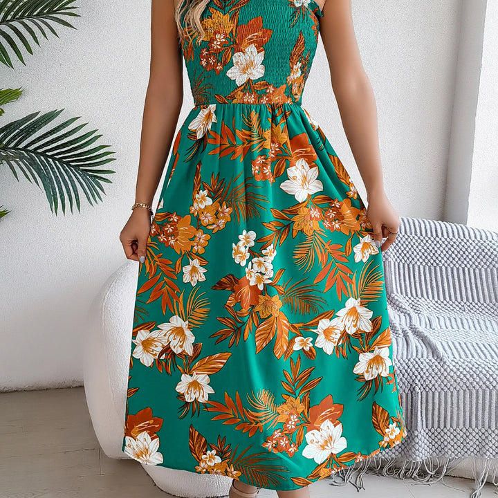 Elegant Square Neck Floral Dress - Waist-Tied Summer Vacation Outfit