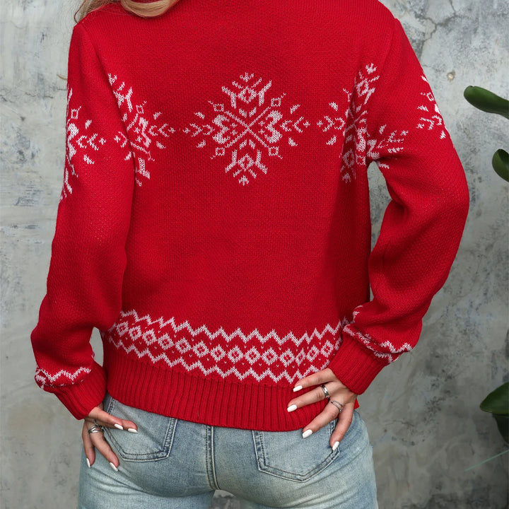 Elegant High Neck Snowflake Jacquard Knitted Pullover - Women's Woolen Long Sleeve