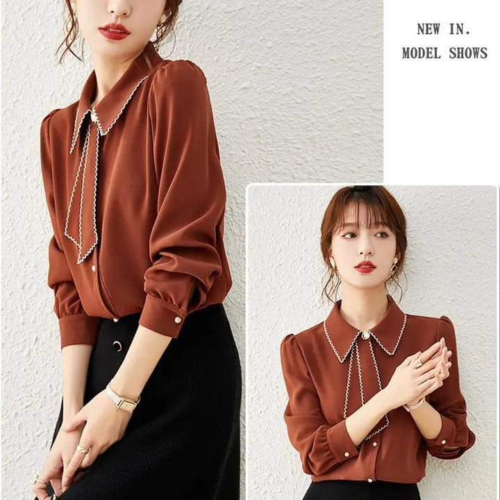 Women's Ribbon Chiffon Shirt - Patchwork French Office Workwear