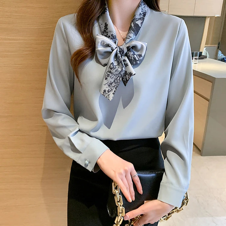 Elegant Autumn Bow Chiffon Blouse - Loose Fit Office Lady Shirt