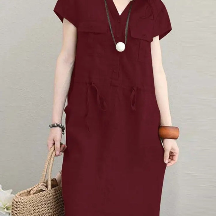 ZANZEA Summer V-Neck Dress - Short Sleeve Drawstring Waist Knee-Length Sundress