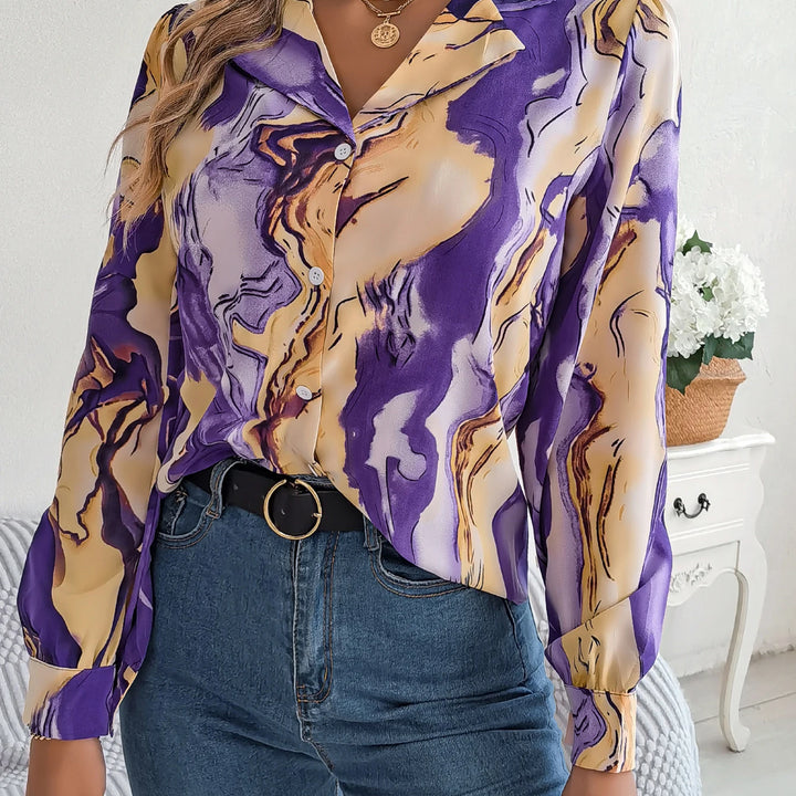 Casual All Over Print Notch Collar Button Long Sleeve Shirt