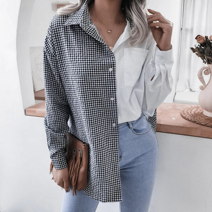 Autumn Casual Turn-down Collar Button Front Plaid Patchwork Long Sleeved Loose Shirt For Women