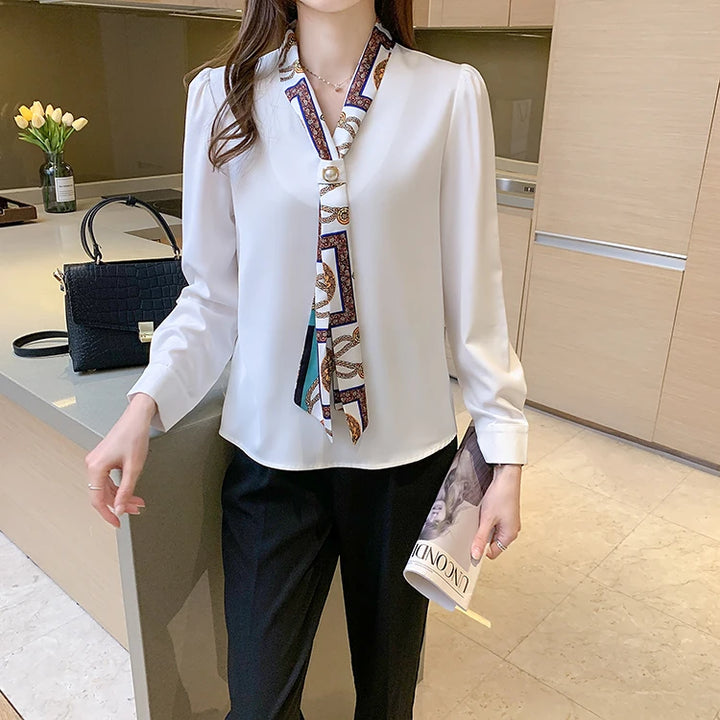 Spring Chiffon Blouse - Bow Long Sleeve Office Lady Casual Top