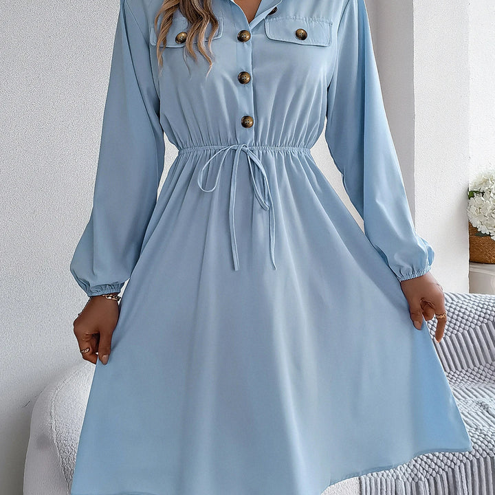 Elegant Button Front Lantern Sleeve Dress - Cinched Waist