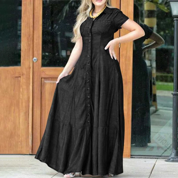 Fashionable Casual Denim Long Dress with Turn-Down Collar and Button Design