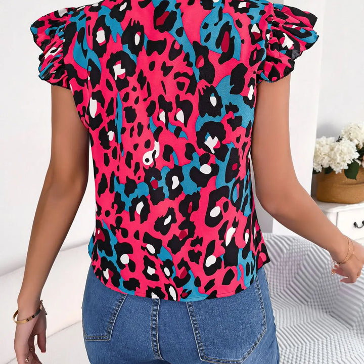 Casual Leopard Print Lace Up Ruffles Chiffon Blouse Women Fashion Summer Bow Tie V neck Top