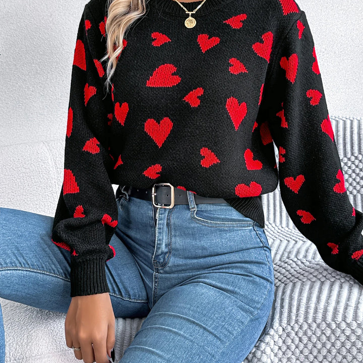 Autumn Winter Love Pattern Knitted Pullover - Round Neck Long Sleeve Sweater