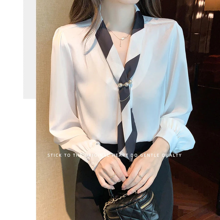 Chiffon Blouse for Women - Elegant Lace-Up V-Neck Long Sleeve Office Top