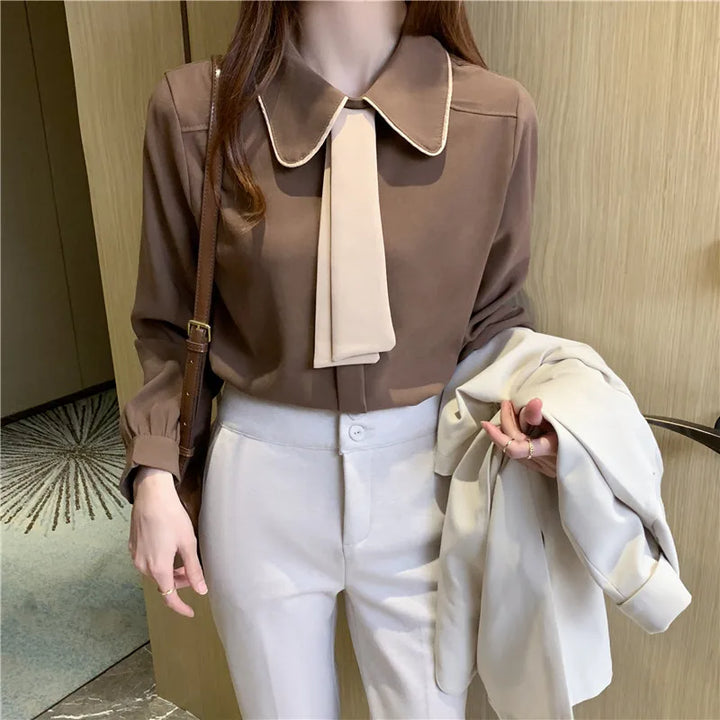 Long Sleeve Chiffon Blouse - Turn Down Collar Office Top