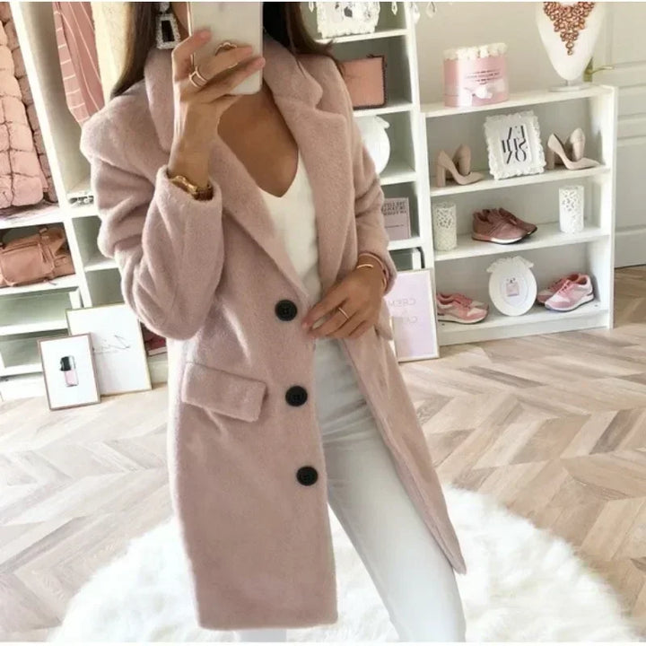 Women's Double-Breasted Woolen Coat with Suit Collar – Elegant Medium Length