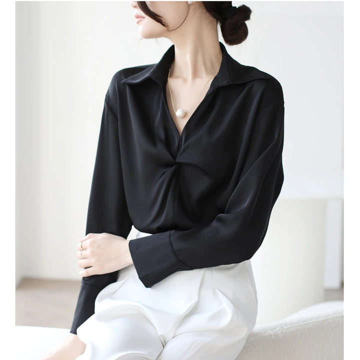 Autumn Casual Turn-Down Collar Blouse - Off-White Chiffon Long Sleeve Shirt