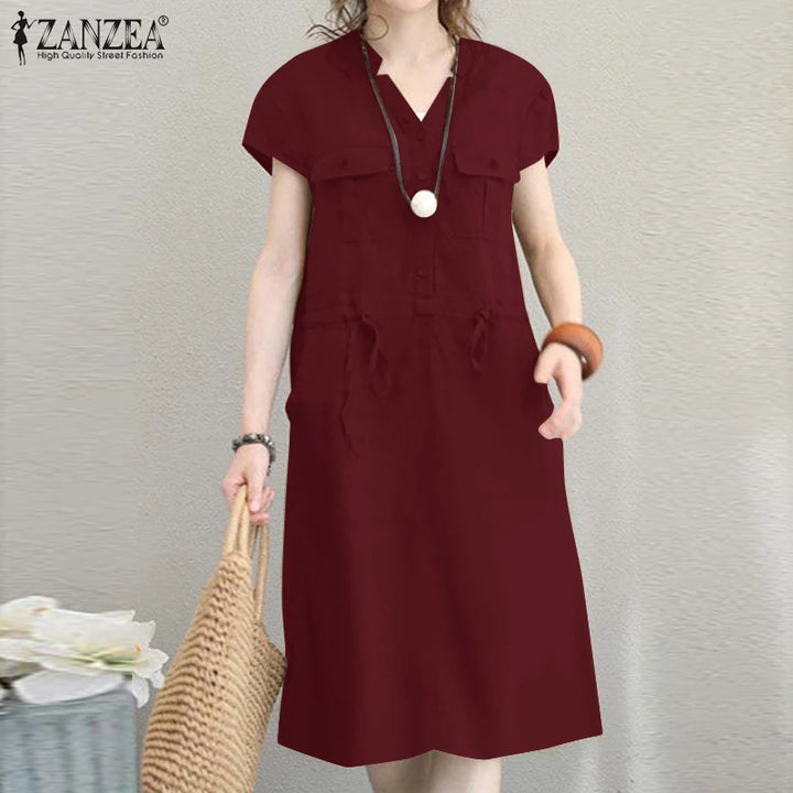 ZANZEA Summer V-Neck Dress - Short Sleeve Drawstring Waist Knee-Length Sundress