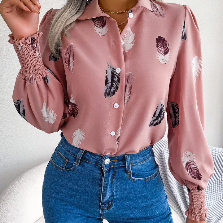 Casual Lantern Sleeve Button Front Turn Down Collar Feather Print Shirt