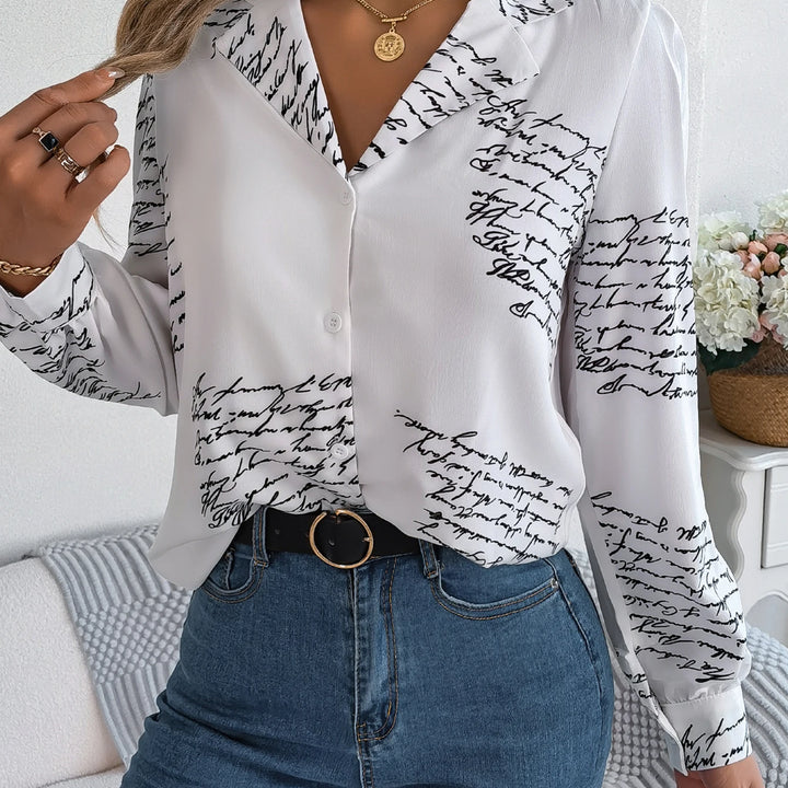 Casual Notch Collar Button Letter Print Long Sleeve Shirt