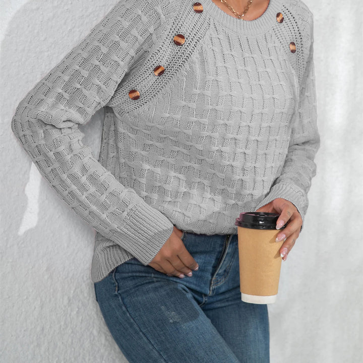 Casual Round Neck Twisted Button Sweater - Long Sleeve Knitted Pullover