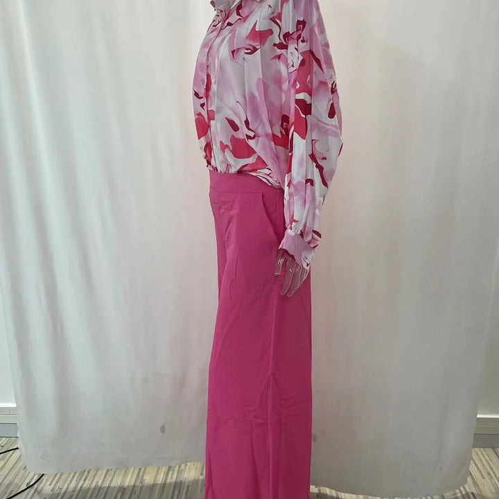 Spring & Autumn 2-Piece Set - Printed Shirt with Elegant Wide-Leg Pants