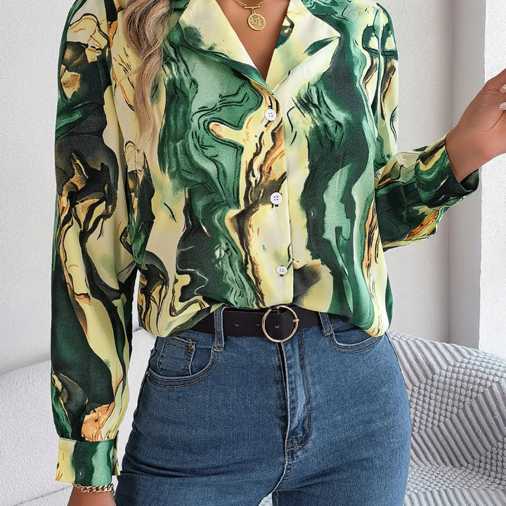 Casual All Over Print Notch Collar Button Long Sleeve Shirt