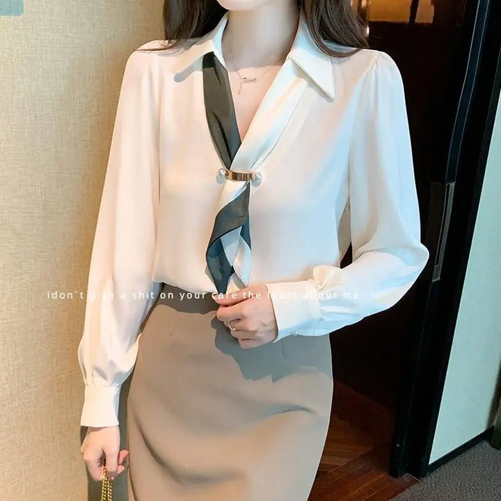 Women’s Bow Tie Blouse - Elegant Korean Fashion V-Neck Long Sleeve Office Top