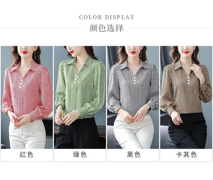 Striped Print Fashion Blouse - Elegant Office Lady Long Sleeve Shirt