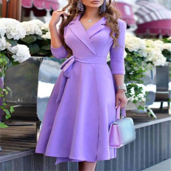 Women's V-Neck Mid-Sleeve Belted Commuter Dress