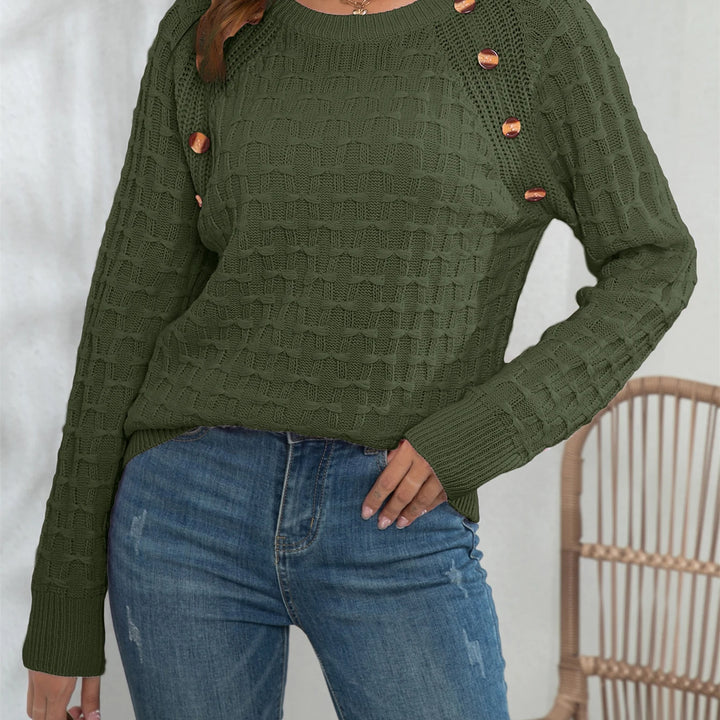 Casual Round Neck Twisted Button Sweater - Long Sleeve Knitted Pullover